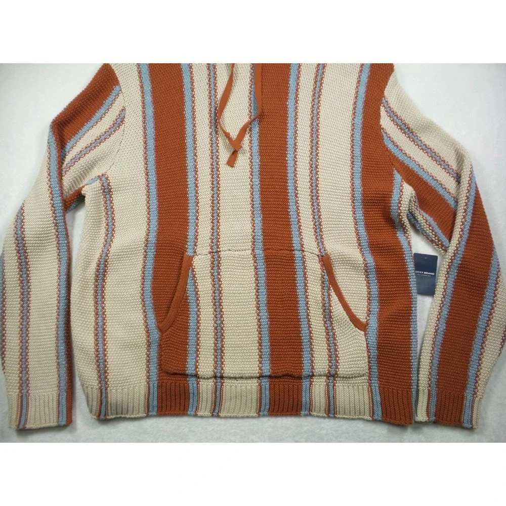 Lucky Brand Sweater Mens Size Large Beige Orange Knit Baja Stripe Hooded NWT - Picture 2 of 12